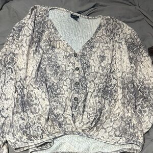 Textured Gray Snake-Print V-Neck Button Front Women’s Top